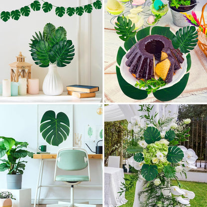 110 Pcs Artificial Tropical Palm Monstera, 7 Kinds Large Small Fake Palm Leaf with Stems for Safari Jungle Hawaiian Luau Party Table Decoration Wedding Birthday Theme Party (Green)