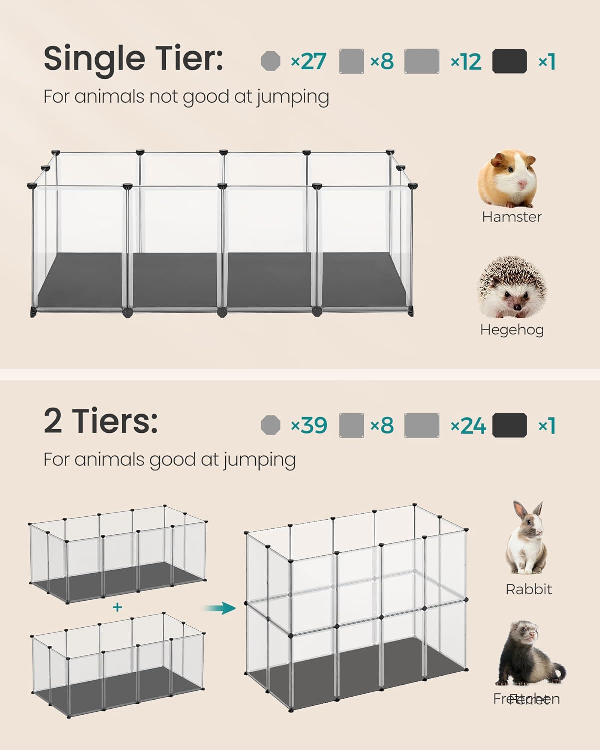 20 Panels Pet Playpen with Floor, Small Animal Playpen, Pet Fence Indoor, DIY Plastic Enclosure for Guinea Pigs, Bunny, Hamsters, Hedgehogs, 49.2 x 24.8 x 16.5 Inches, White ULPC001W01