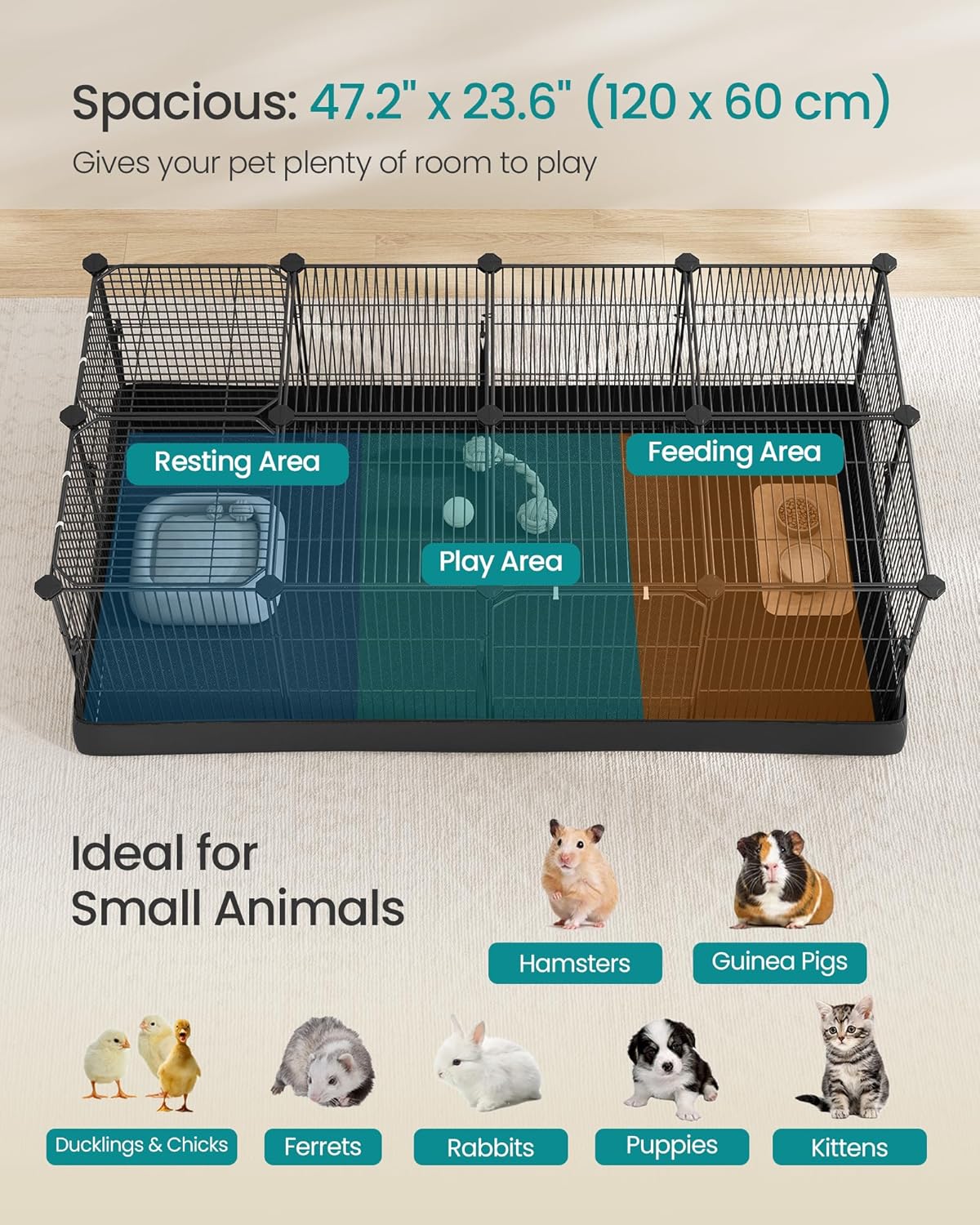 20 Panels Pet Playpen with Floor, Small Animal Playpen, Pet Fence Indoor, DIY Plastic Enclosure for Guinea Pigs, Bunny, Hamsters, Hedgehogs, 49.2 x 24.8 x 16.5 Inches, White ULPC001W01