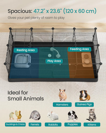 20 Panels Pet Playpen with Floor, Small Animal Playpen, Pet Fence Indoor, DIY Plastic Enclosure for Guinea Pigs, Bunny, Hamsters, Hedgehogs, 49.2 x 24.8 x 16.5 Inches, White ULPC001W01
