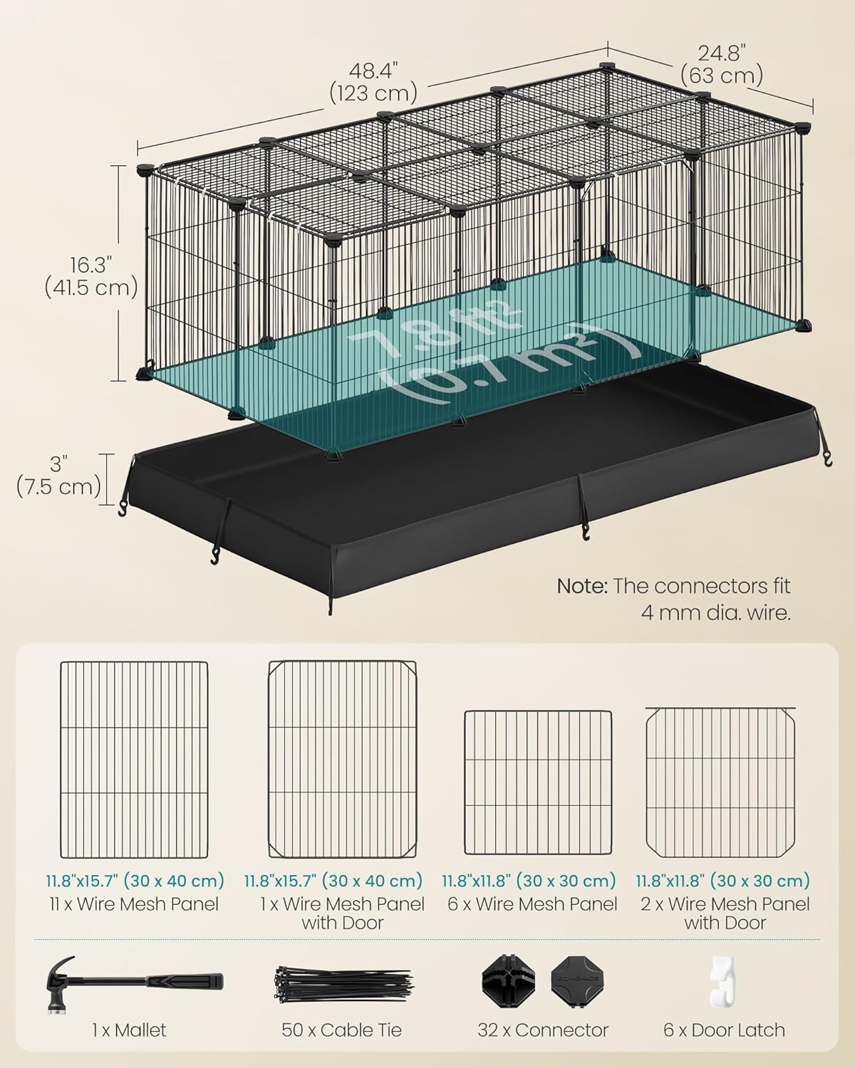 20 Panels Pet Playpen with Floor, Small Animal Playpen, Pet Fence Indoor, DIY Plastic Enclosure for Guinea Pigs, Bunny, Hamsters, Hedgehogs, 49.2 x 24.8 x 16.5 Inches, White ULPC001W01
