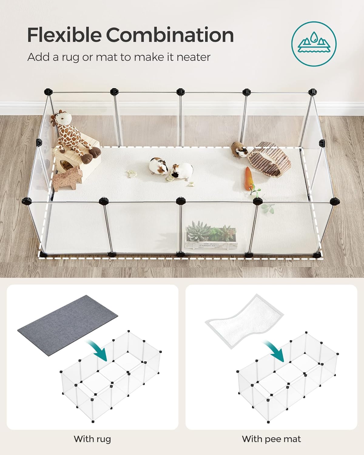 20 Panels Pet Playpen with Floor, Small Animal Playpen, Pet Fence Indoor, DIY Plastic Enclosure for Guinea Pigs, Bunny, Hamsters, Hedgehogs, 49.2 x 24.8 x 16.5 Inches, White ULPC001W01