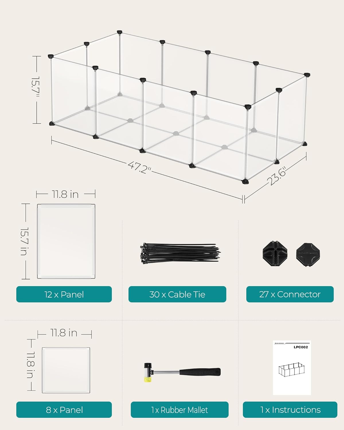 20 Panels Pet Playpen with Floor, Small Animal Playpen, Pet Fence Indoor, DIY Plastic Enclosure for Guinea Pigs, Bunny, Hamsters, Hedgehogs, 49.2 x 24.8 x 16.5 Inches, White ULPC001W01