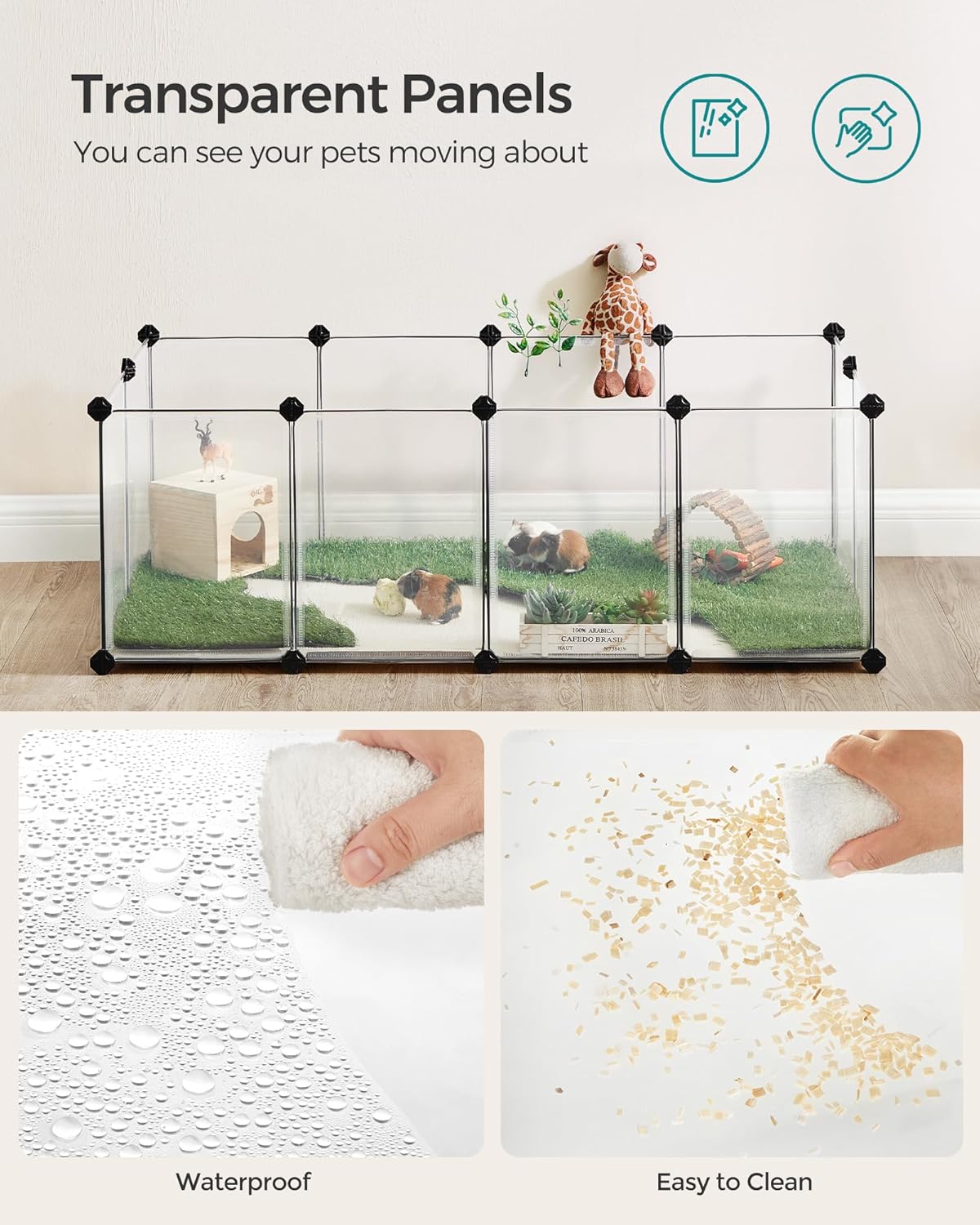20 Panels Pet Playpen with Floor, Small Animal Playpen, Pet Fence Indoor, DIY Plastic Enclosure for Guinea Pigs, Bunny, Hamsters, Hedgehogs, 49.2 x 24.8 x 16.5 Inches, White ULPC001W01