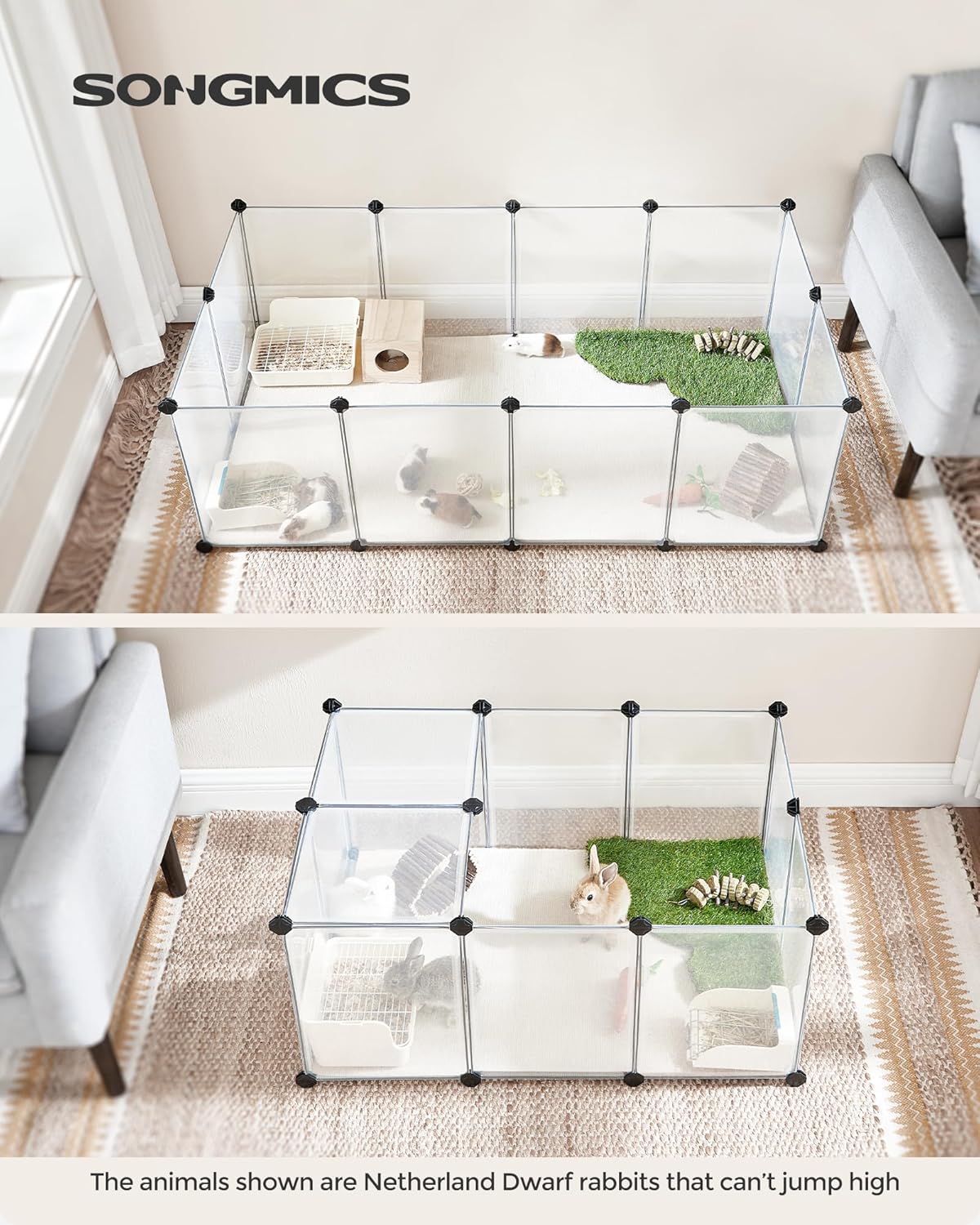 20 Panels Pet Playpen with Floor, Small Animal Playpen, Pet Fence Indoor, DIY Plastic Enclosure for Guinea Pigs, Bunny, Hamsters, Hedgehogs, 49.2 x 24.8 x 16.5 Inches, White ULPC001W01