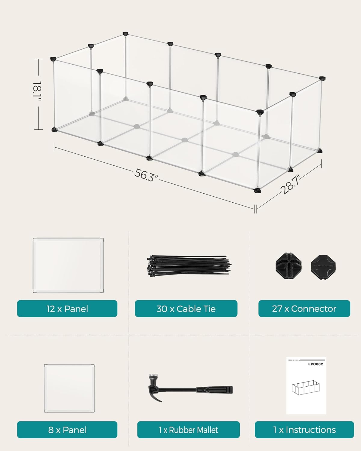 20 Panels Pet Playpen with Floor, Small Animal Playpen, Pet Fence Indoor, DIY Plastic Enclosure for Guinea Pigs, Bunny, Hamsters, Hedgehogs, 49.2 x 24.8 x 16.5 Inches, White ULPC001W01
