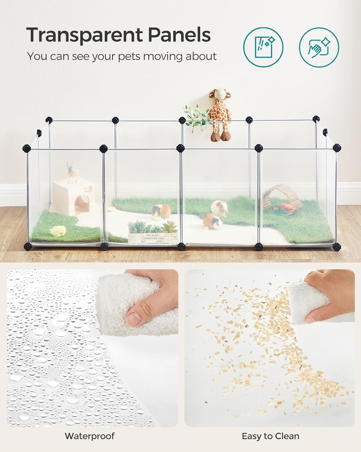 20 Panels Pet Playpen with Floor, Small Animal Playpen, Pet Fence Indoor, DIY Plastic Enclosure for Guinea Pigs, Bunny, Hamsters, Hedgehogs, 49.2 x 24.8 x 16.5 Inches, White ULPC001W01