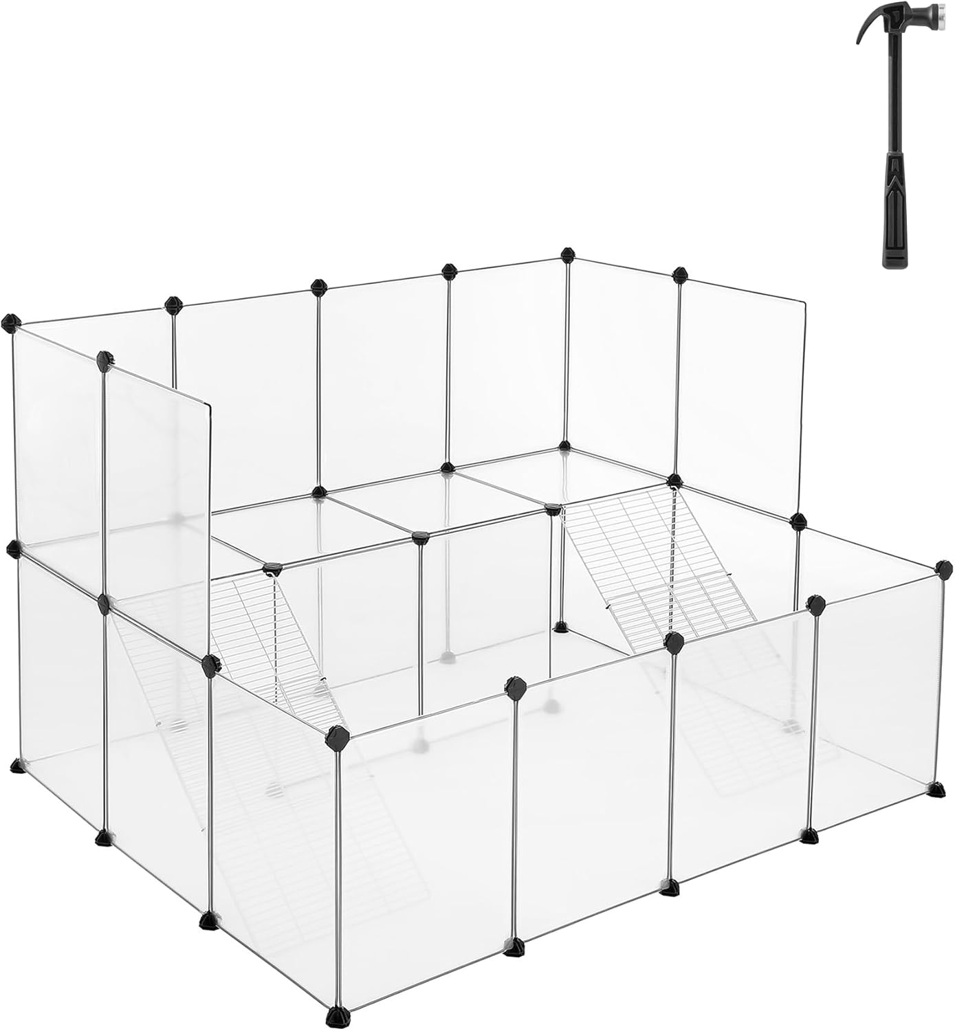 20 Panels Pet Playpen with Floor, Small Animal Playpen, Pet Fence Indoor, DIY Plastic Enclosure for Guinea Pigs, Bunny, Hamsters, Hedgehogs, 49.2 x 24.8 x 16.5 Inches, White ULPC001W01