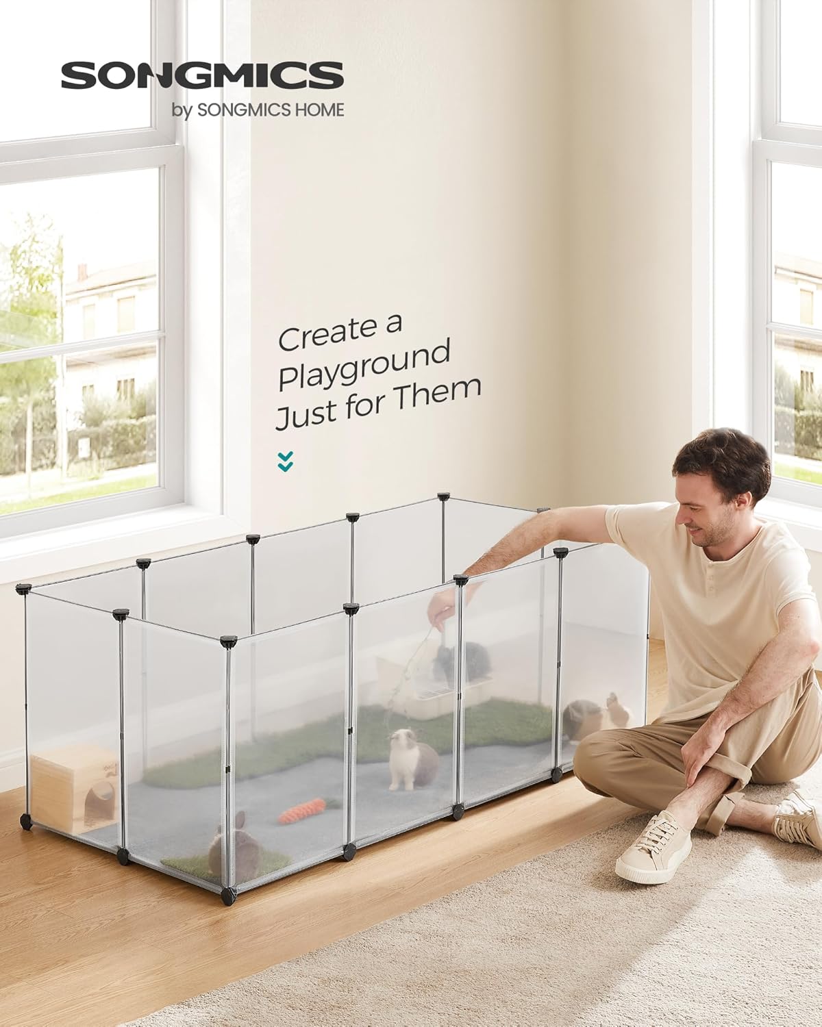 20 Panels Pet Playpen with Floor, Small Animal Playpen, Pet Fence Indoor, DIY Plastic Enclosure for Guinea Pigs, Bunny, Hamsters, Hedgehogs, 49.2 x 24.8 x 16.5 Inches, White ULPC001W01