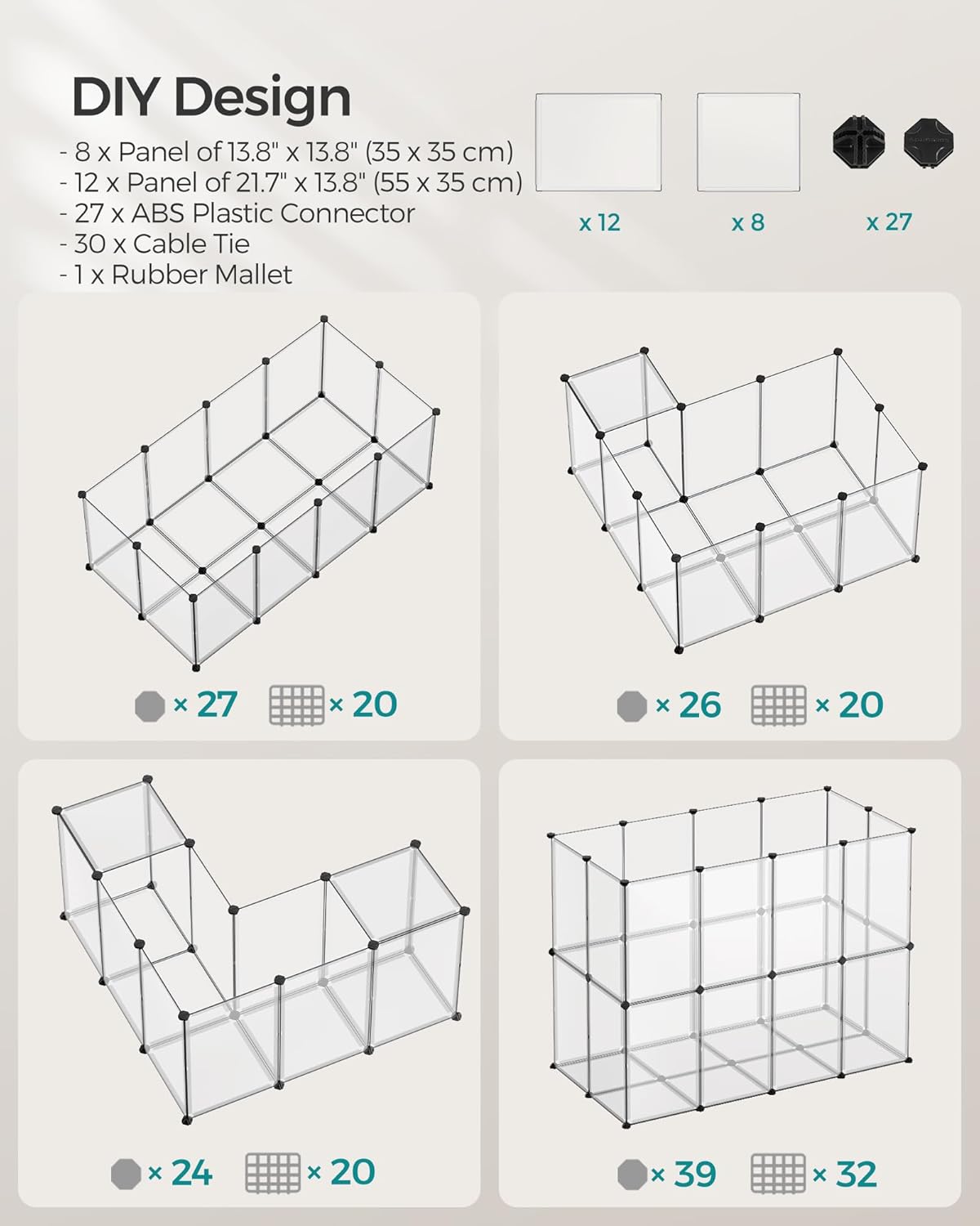 20 Panels Pet Playpen with Floor, Small Animal Playpen, Pet Fence Indoor, DIY Plastic Enclosure for Guinea Pigs, Bunny, Hamsters, Hedgehogs, 49.2 x 24.8 x 16.5 Inches, White ULPC001W01