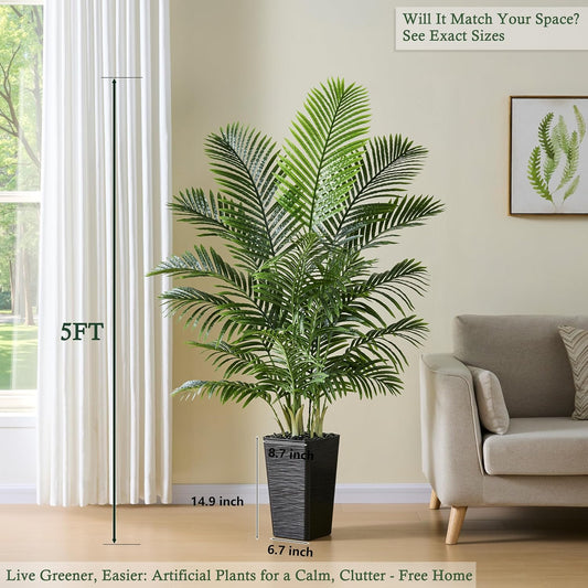 Artificial Palm Tree:5FT Tall Fake Areca Palm Plant (Black Planter)