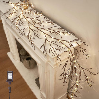 Birch Garland with Lights 6FT 120 Fairy Lights Plug in, Lighted White Twig Vine Garland for Home Mantle Wall Christmas Decoration Inside Outside