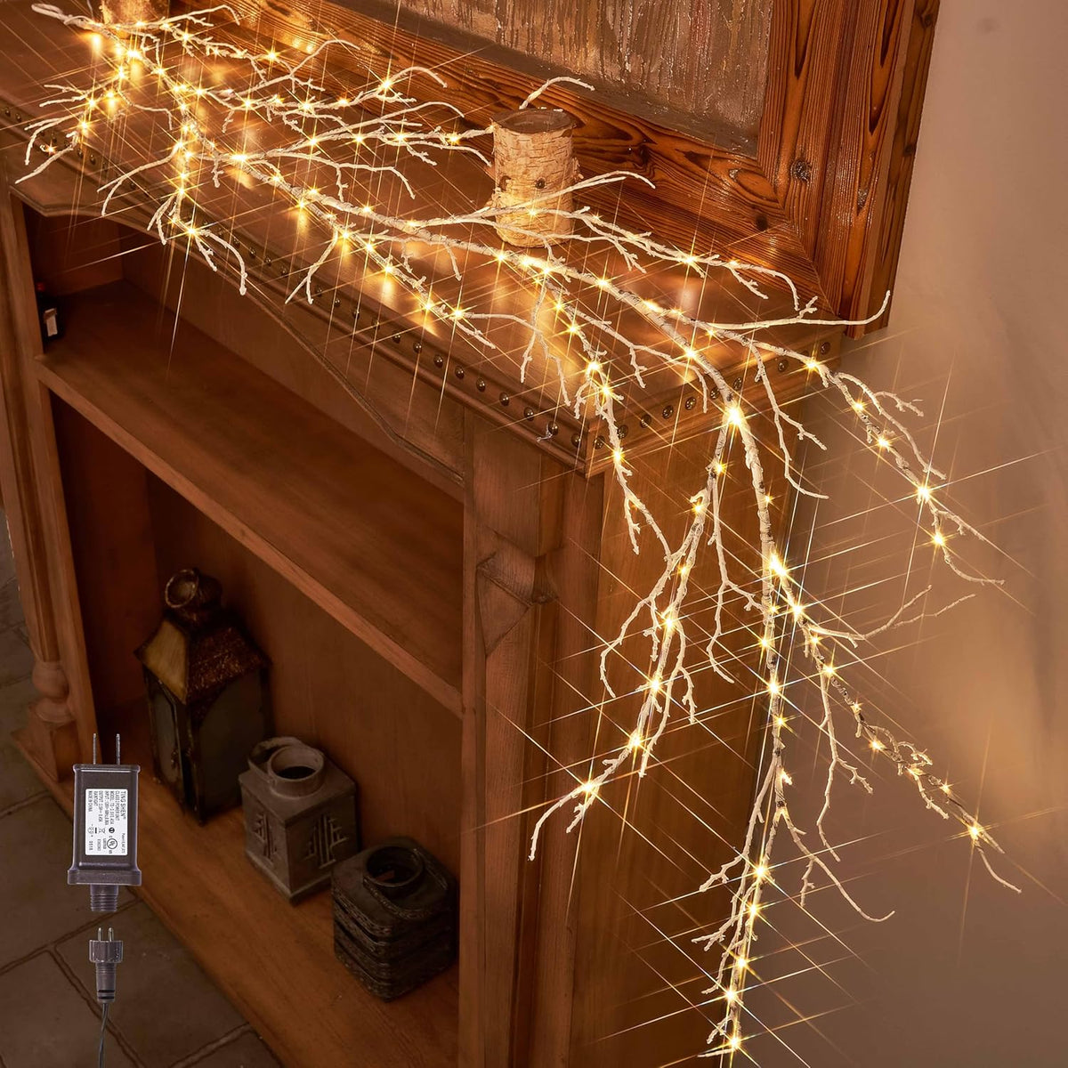 Birch Garland with Lights 6FT 120 Fairy Lights Plug in, Lighted White Twig Vine Garland for Home Mantle Wall Christmas Decoration Inside Outside