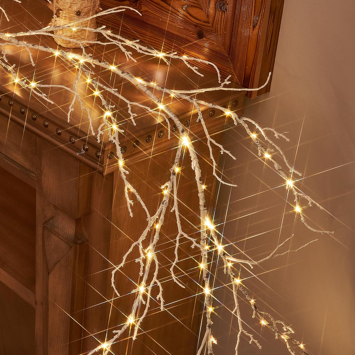Birch Garland with Lights 6FT 120 Fairy Lights Plug in, Lighted White Twig Vine Garland for Home Mantle Wall Christmas Decoration Inside Outside