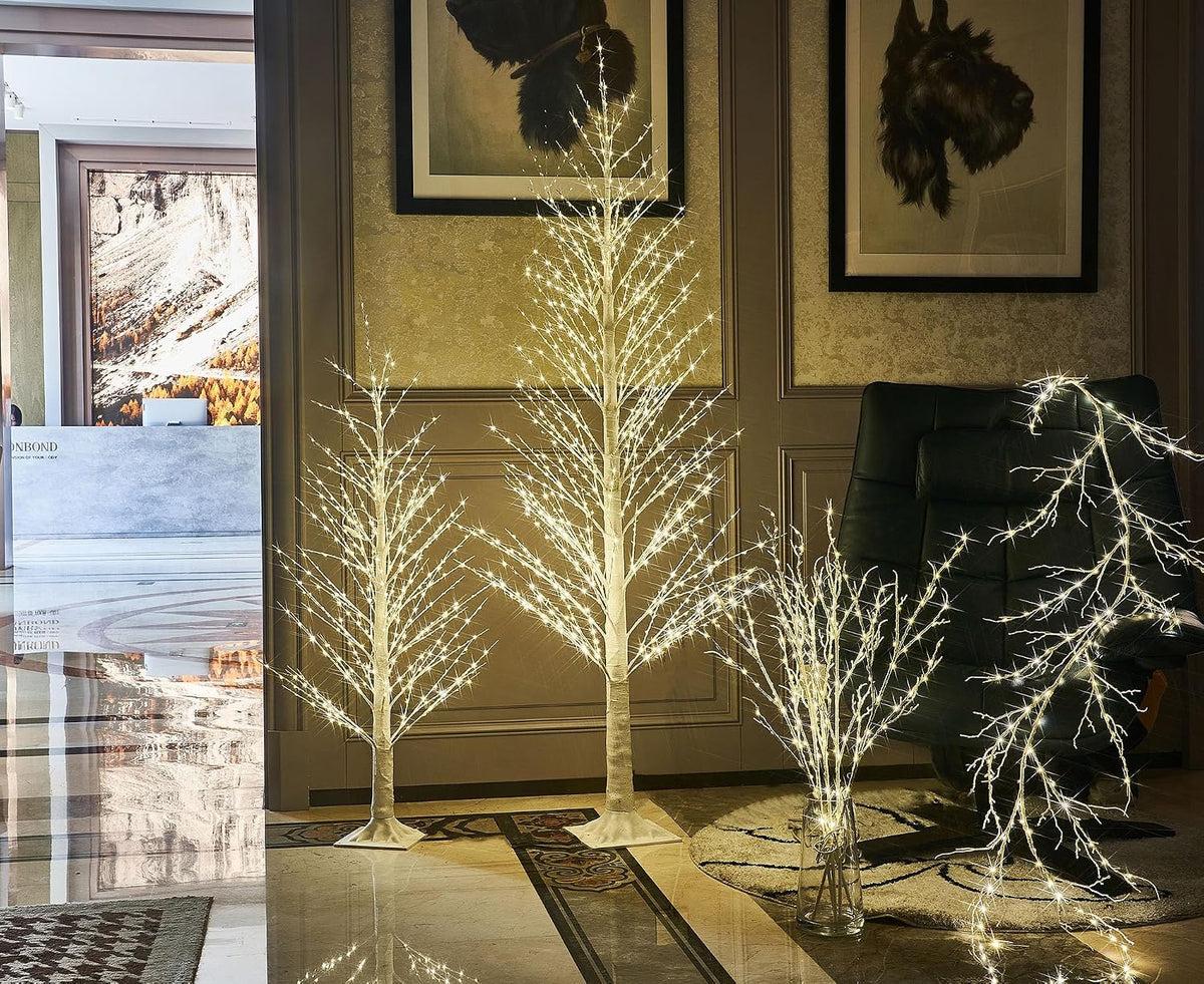 Birch Garland with Lights 6FT 120 Fairy Lights Plug in, Lighted White Twig Vine Garland for Home Mantle Wall Christmas Decoration Inside Outside