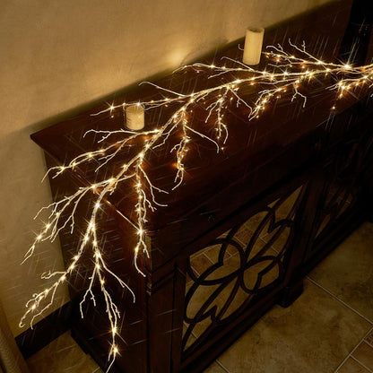 Birch Garland with Lights 6FT 120 Fairy Lights Plug in, Lighted White Twig Vine Garland for Home Mantle Wall Christmas Decoration Inside Outside
