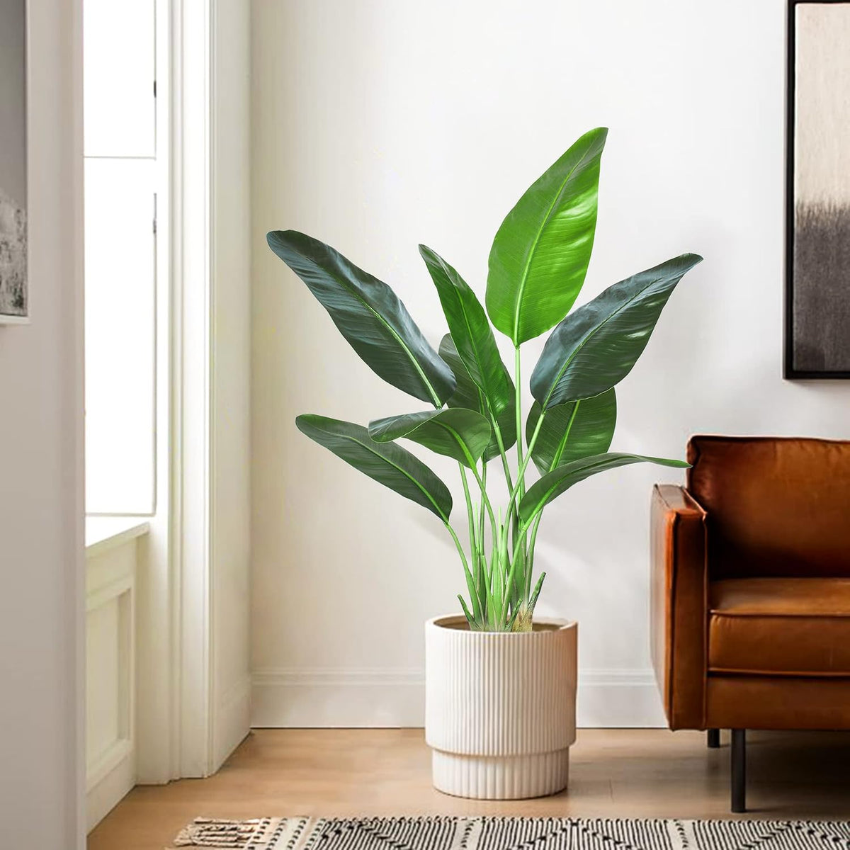 2Packs 4FT Artificial Bird of Paradise Plant,Faux Palm Tree Potted Plant with Real Touch Leaves,Fake Trees for Home Living Room Office Indoor Outdoor Decor(4 FT-2Packs)