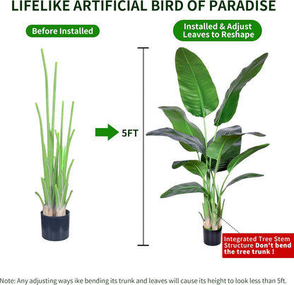 2Packs 4FT Artificial Bird of Paradise Plant,Faux Palm Tree Potted Plant with Real Touch Leaves,Fake Trees for Home Living Room Office Indoor Outdoor Decor(4 FT-2Packs)