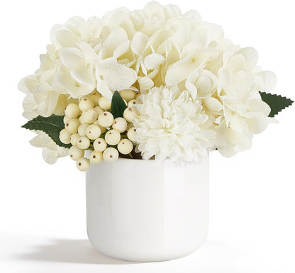 Hydrangea Artificial Faux Flowers in Small Vase for Table Centerpiece | Ceramic, Cream Floral Arrangements for Dining Living Room Bathroom Wedding Office Party Table Decor, Lifelike, No Watering