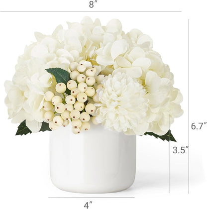 Hydrangea Artificial Faux Flowers in Small Vase for Table Centerpiece | Ceramic, Cream Floral Arrangements for Dining Living Room Bathroom Wedding Office Party Table Decor, Lifelike, No Watering