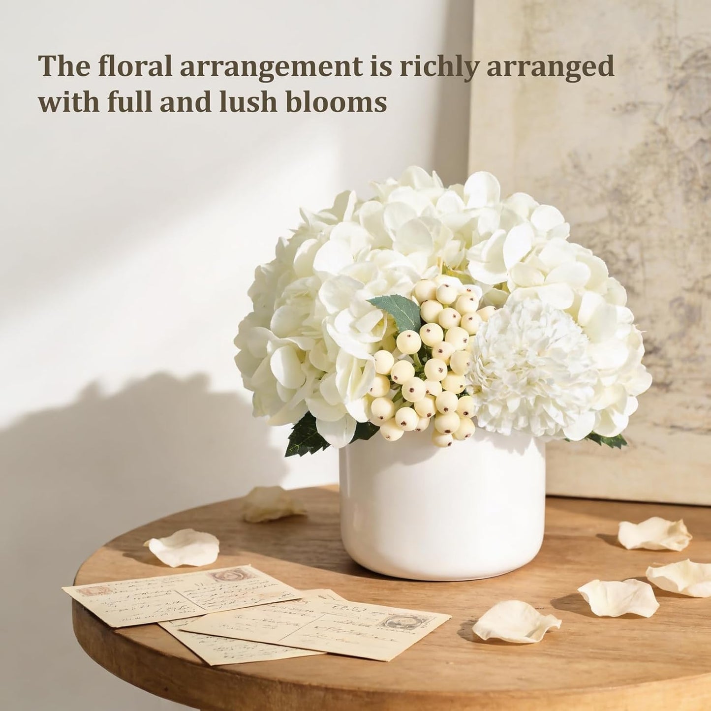 Hydrangea Artificial Faux Flowers in Small Vase for Table Centerpiece | Ceramic, Cream Floral Arrangements for Dining Living Room Bathroom Wedding Office Party Table Decor, Lifelike, No Watering