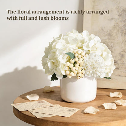 Hydrangea Artificial Faux Flowers in Small Vase for Table Centerpiece | Ceramic, Cream Floral Arrangements for Dining Living Room Bathroom Wedding Office Party Table Decor, Lifelike, No Watering