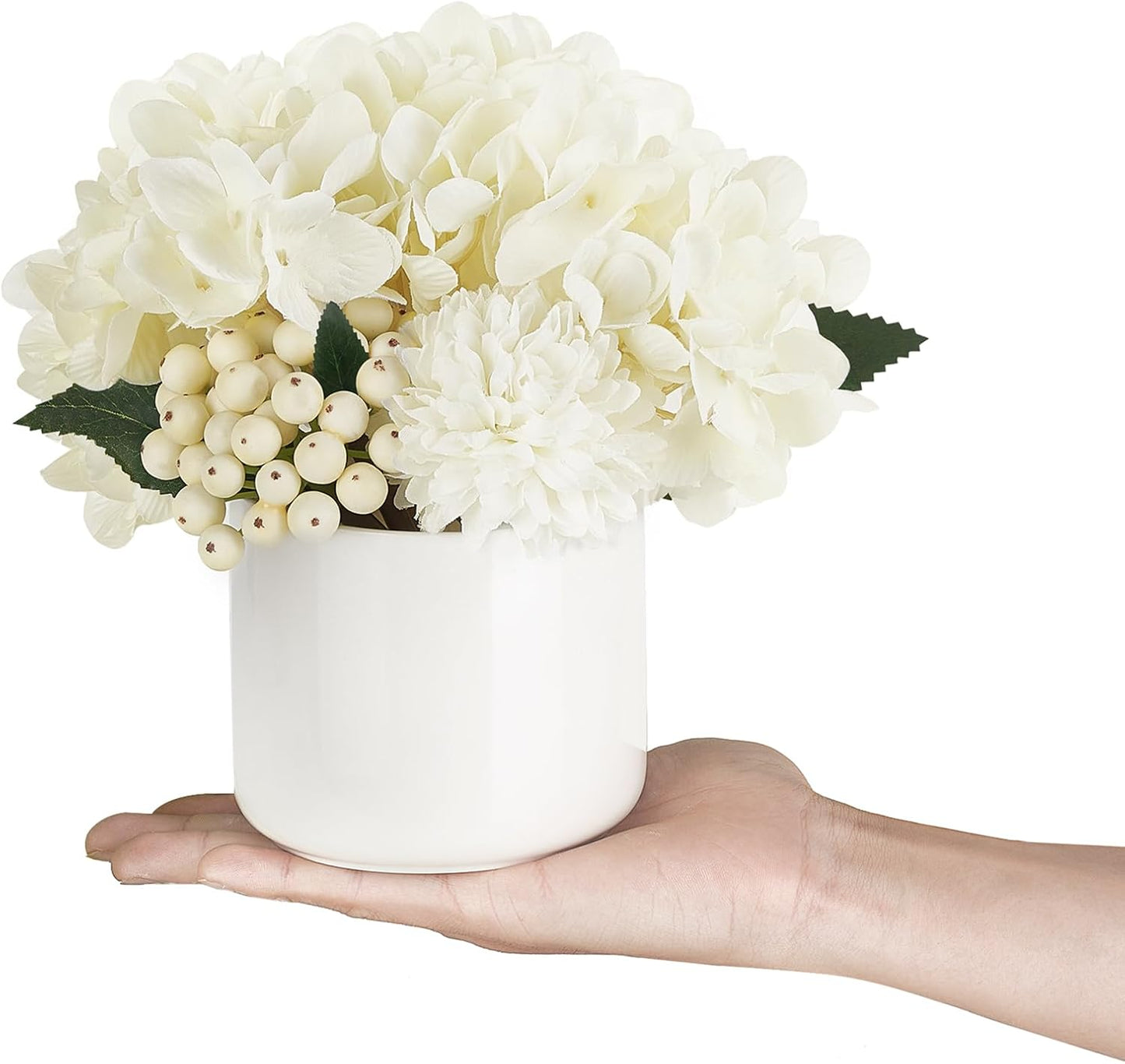 Hydrangea Artificial Faux Flowers in Small Vase for Table Centerpiece | Ceramic, Cream Floral Arrangements for Dining Living Room Bathroom Wedding Office Party Table Decor, Lifelike, No Watering