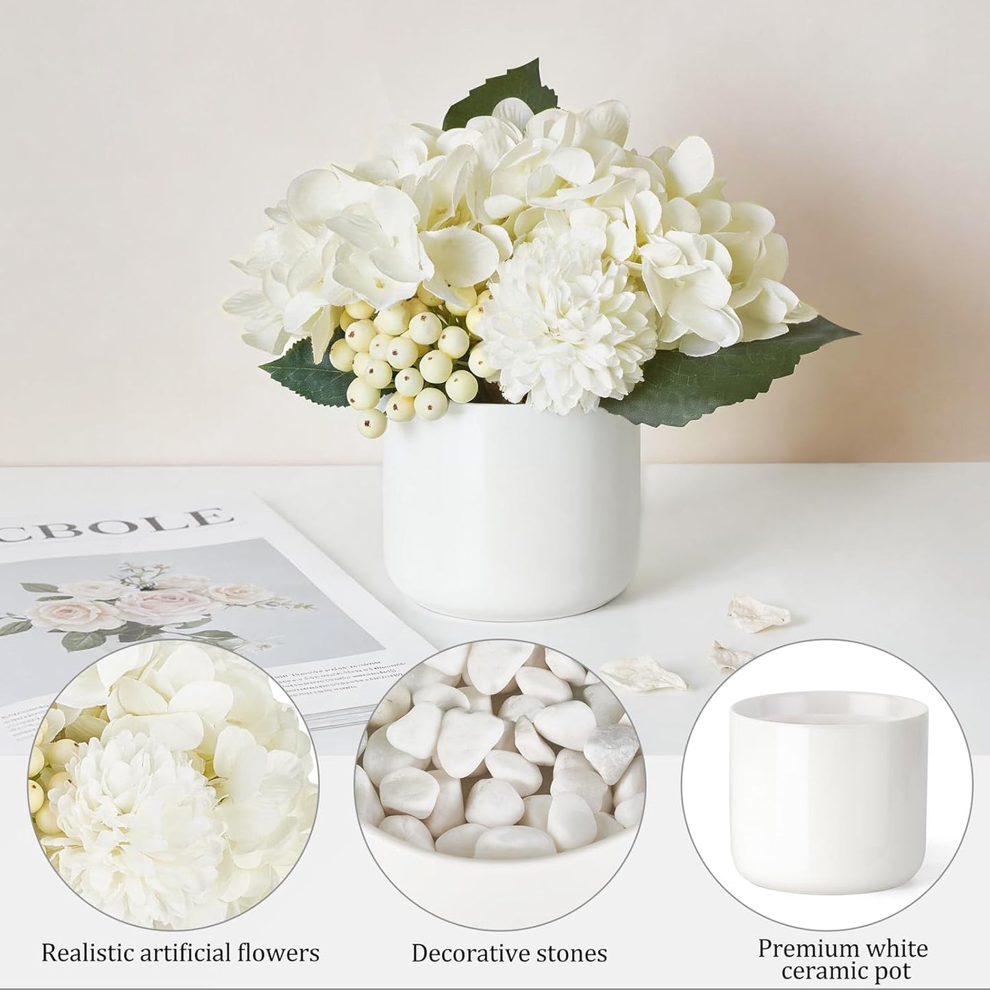 Hydrangea Artificial Faux Flowers in Small Vase for Table Centerpiece | Ceramic, Cream Floral Arrangements for Dining Living Room Bathroom Wedding Office Party Table Decor, Lifelike, No Watering