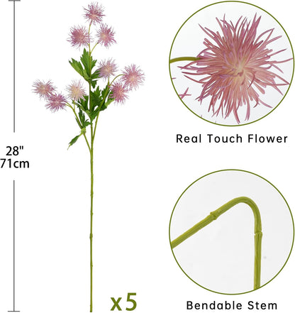9 Heads Purple Dandelion Artificial Flowers 5Pcs Faux Dandelions Flowers Bush Arrangement Bouquets Fake Ball Mums Flower Stem for Indoor Home Decor Table Office Party Wedding Decoration