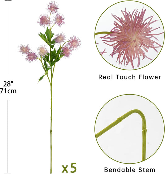 9 Heads Purple Dandelion Artificial Flowers 5Pcs Faux Dandelions Flowers Bush Arrangement Bouquets Fake Ball Mums Flower Stem for Indoor Home Decor Table Office Party Wedding Decoration