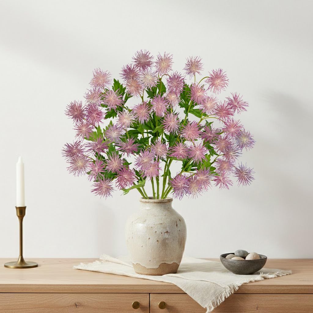 9 Heads Purple Dandelion Artificial Flowers 5Pcs Faux Dandelions Flowers Bush Arrangement Bouquets Fake Ball Mums Flower Stem for Indoor Home Decor Table Office Party Wedding Decoration
