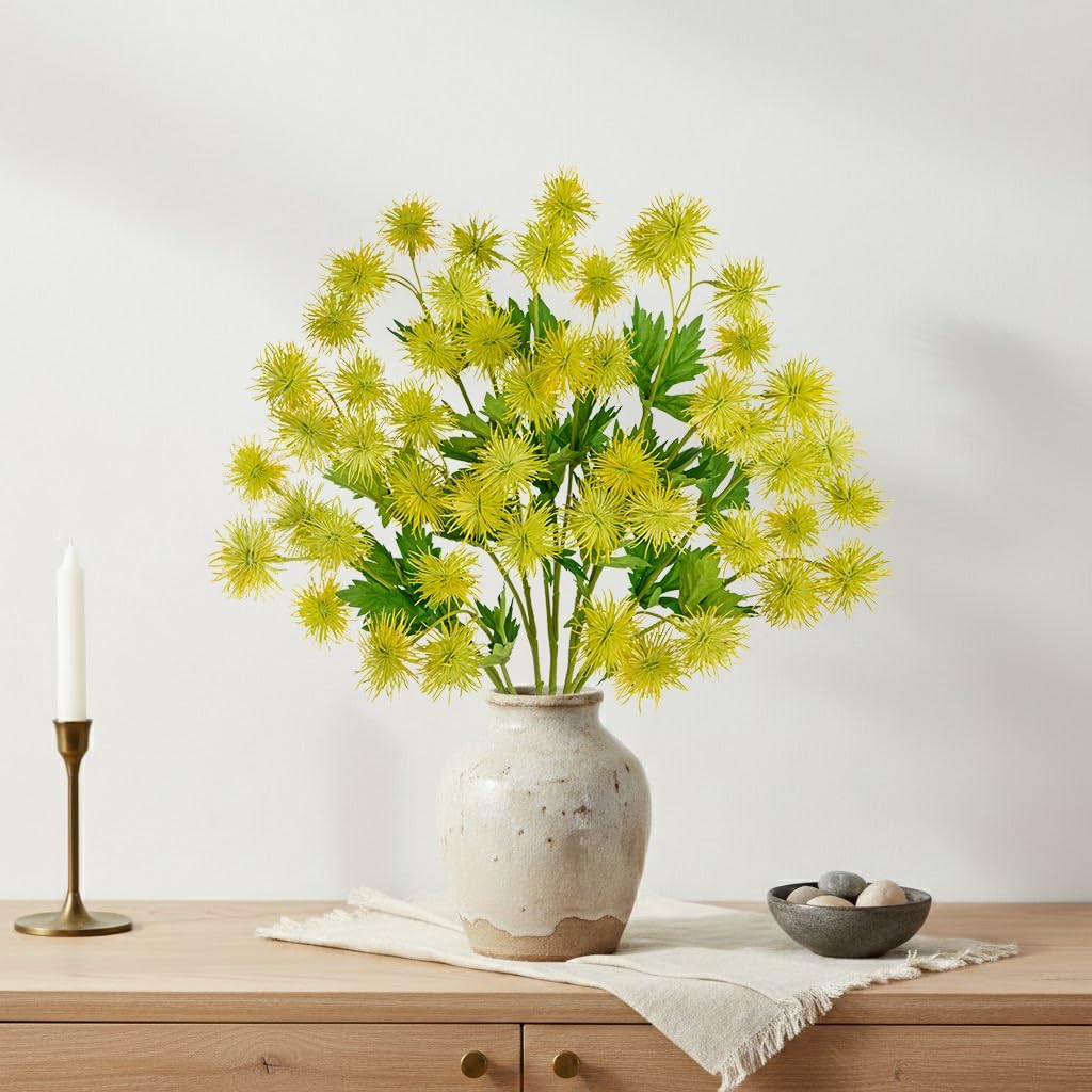 9 Heads Purple Dandelion Artificial Flowers 5Pcs Faux Dandelions Flowers Bush Arrangement Bouquets Fake Ball Mums Flower Stem for Indoor Home Decor Table Office Party Wedding Decoration