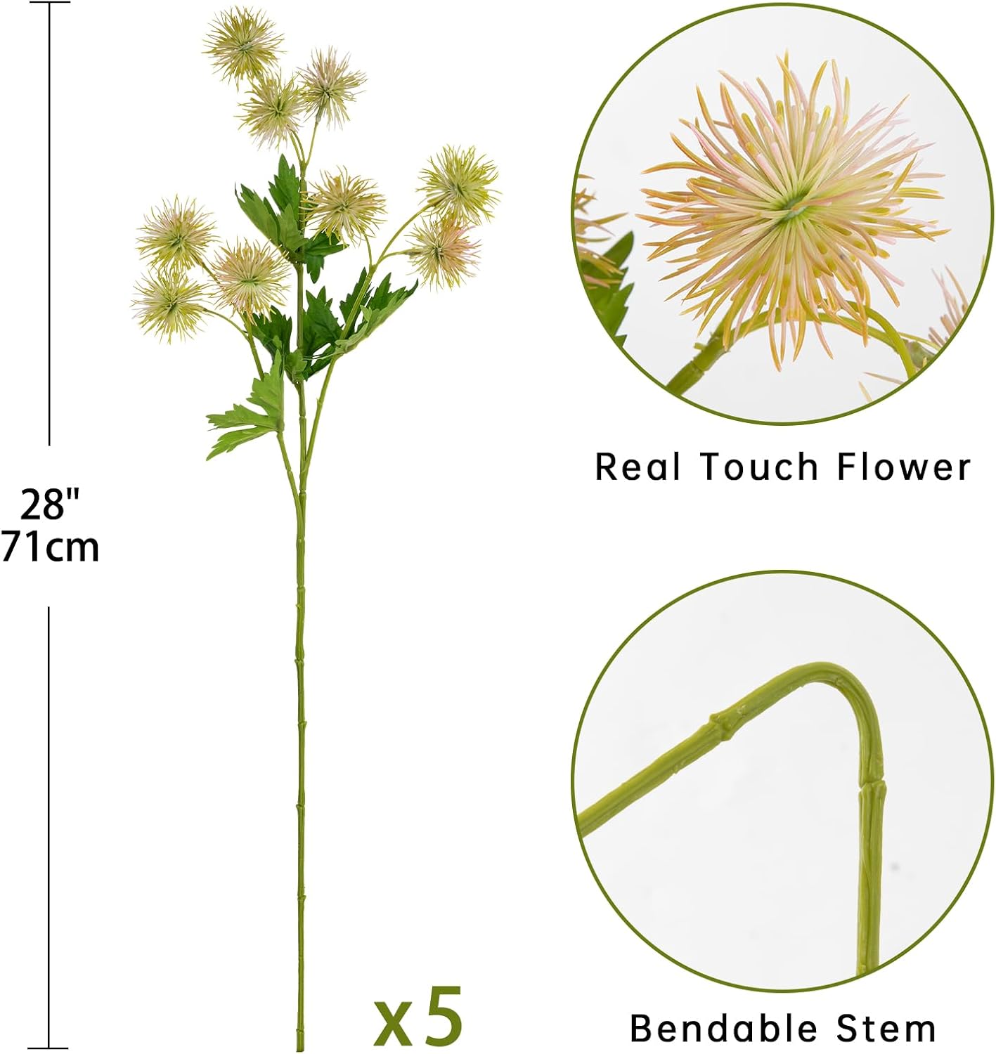 9 Heads Purple Dandelion Artificial Flowers 5Pcs Faux Dandelions Flowers Bush Arrangement Bouquets Fake Ball Mums Flower Stem for Indoor Home Decor Table Office Party Wedding Decoration