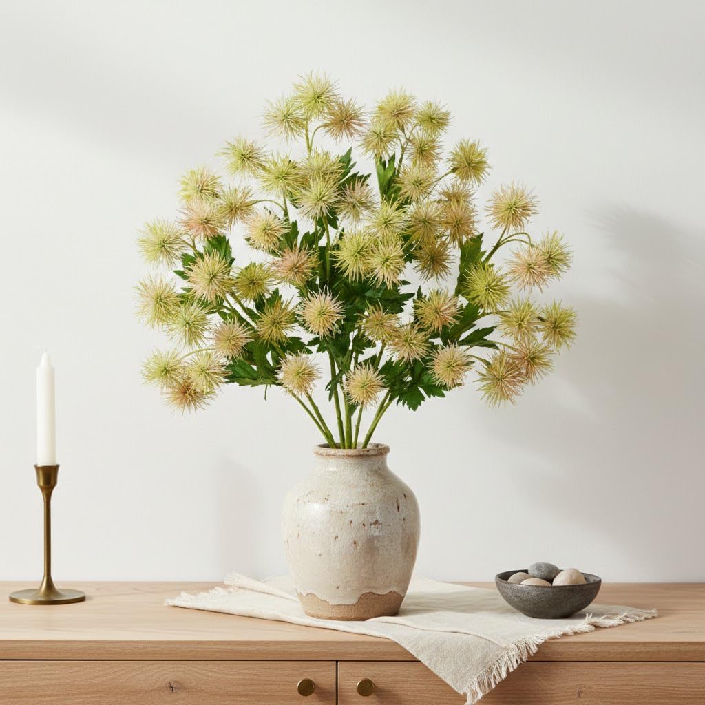 9 Heads Purple Dandelion Artificial Flowers 5Pcs Faux Dandelions Flowers Bush Arrangement Bouquets Fake Ball Mums Flower Stem for Indoor Home Decor Table Office Party Wedding Decoration