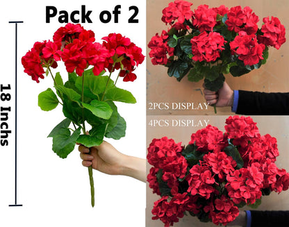 18'' Artificial Geraniums Silk Flowers Plants Realistic for Home Outdoor Decor Garden (2, Ruby Red)