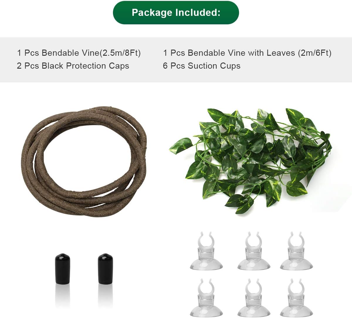 8FT Reptile Vines and Flexible Reptile Leaves with Suction Cups Jungle Climber Long Vines Habitat Decor for Climbing, Chameleon, Lizards, Gecko