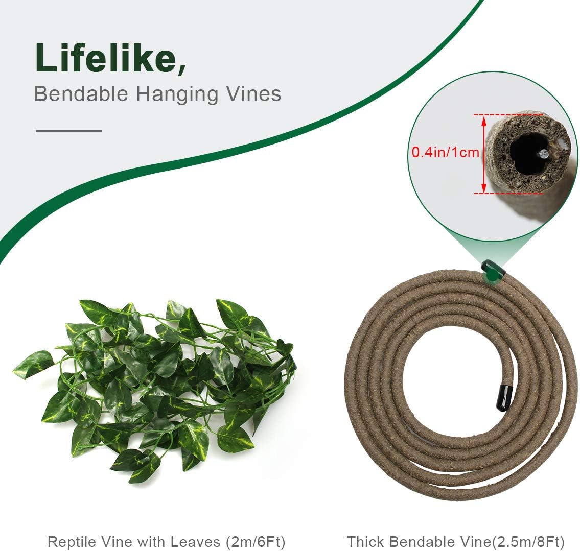 8FT Reptile Vines and Flexible Reptile Leaves with Suction Cups Jungle Climber Long Vines Habitat Decor for Climbing, Chameleon, Lizards, Gecko