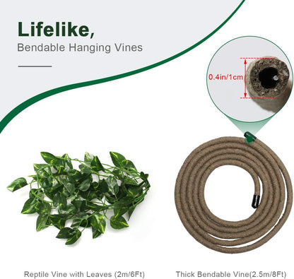 8FT Reptile Vines and Flexible Reptile Leaves with Suction Cups Jungle Climber Long Vines Habitat Decor for Climbing, Chameleon, Lizards, Gecko