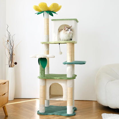 64.5-Inch Cute Avocado Flower Large Tall Garden Cat Tree Tower Condo House Furniture Bed Plush Ball Activity Platform Multi-Level with Scratching Posts for Indoor Cats Play