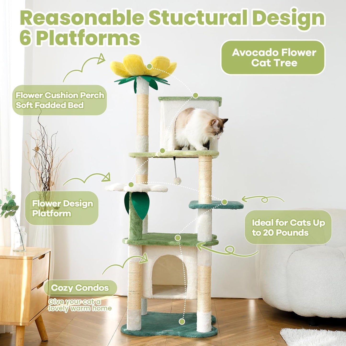64.5-Inch Cute Avocado Flower Large Tall Garden Cat Tree Tower Condo House Furniture Bed Plush Ball Activity Platform Multi-Level with Scratching Posts for Indoor Cats Play
