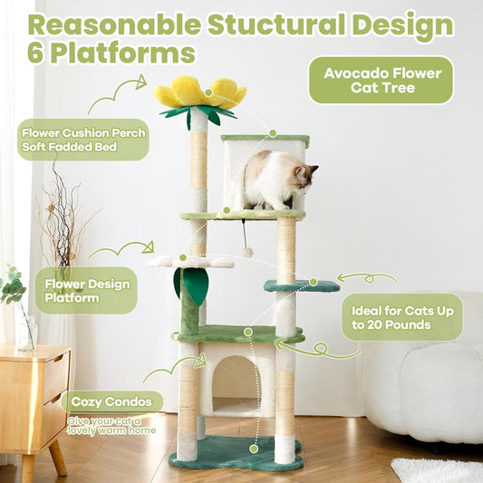 64.5-Inch Cute Avocado Flower Large Tall Garden Cat Tree Tower Condo House Furniture Bed Plush Ball Activity Platform Multi-Level with Scratching Posts for Indoor Cats Play