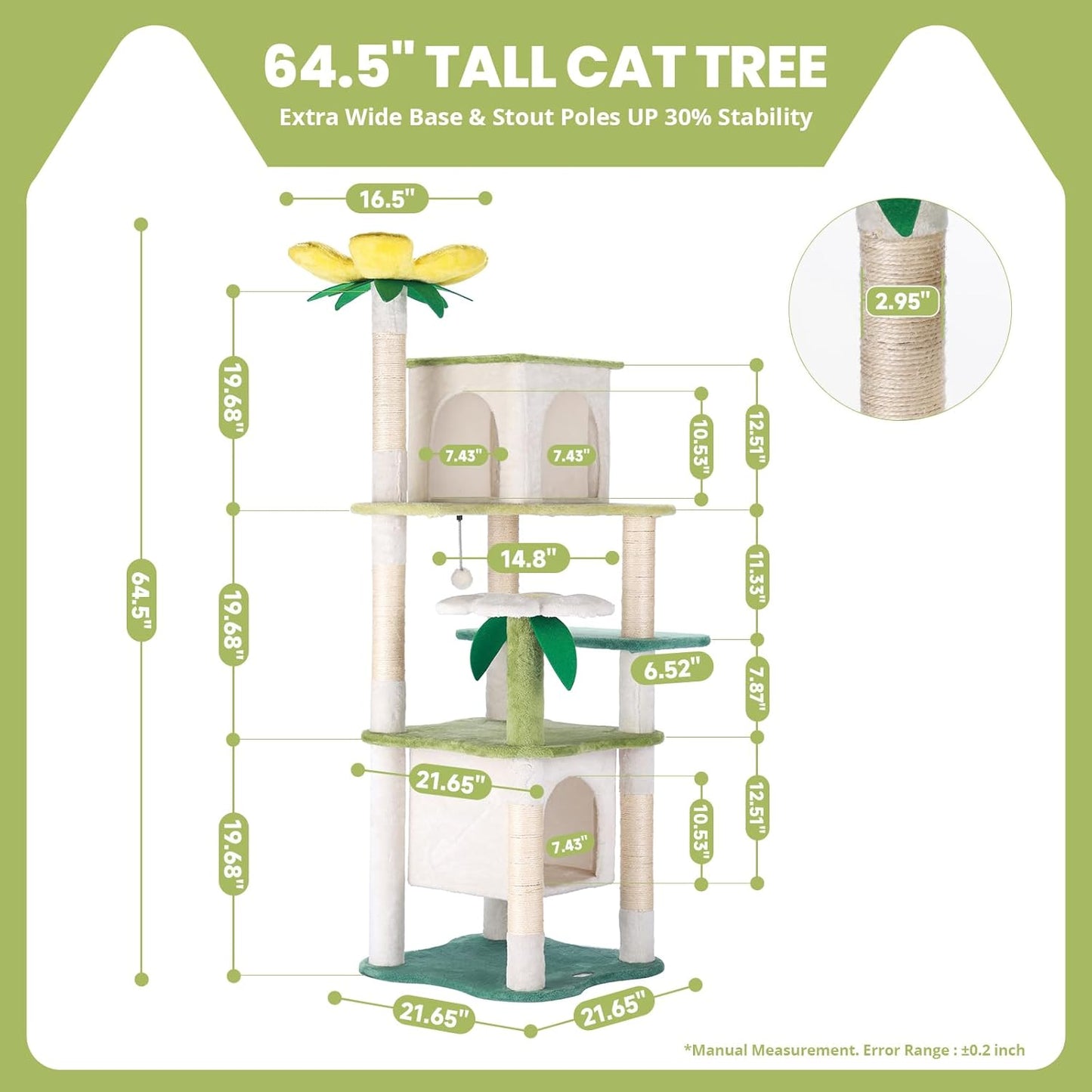 64.5-Inch Cute Avocado Flower Large Tall Garden Cat Tree Tower Condo House Furniture Bed Plush Ball Activity Platform Multi-Level with Scratching Posts for Indoor Cats Play