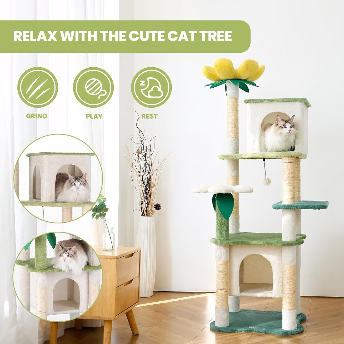 64.5-Inch Cute Avocado Flower Large Tall Garden Cat Tree Tower Condo House Furniture Bed Plush Ball Activity Platform Multi-Level with Scratching Posts for Indoor Cats Play
