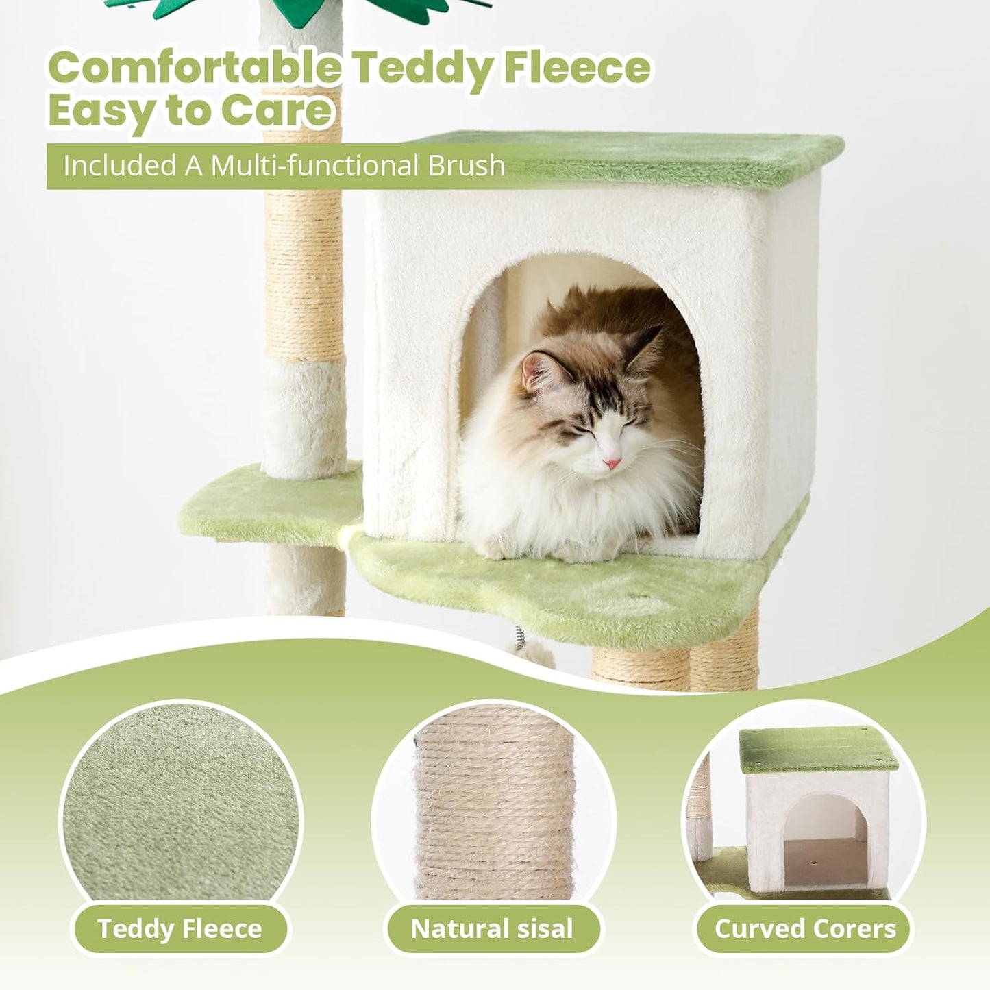64.5-Inch Cute Avocado Flower Large Tall Garden Cat Tree Tower Condo House Furniture Bed Plush Ball Activity Platform Multi-Level with Scratching Posts for Indoor Cats Play