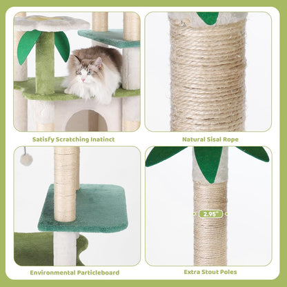 64.5-Inch Cute Avocado Flower Large Tall Garden Cat Tree Tower Condo House Furniture Bed Plush Ball Activity Platform Multi-Level with Scratching Posts for Indoor Cats Play