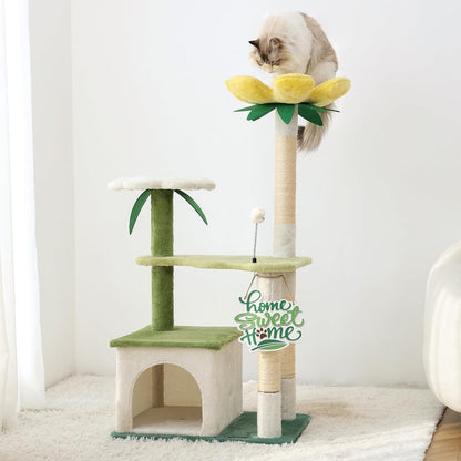 64.5-Inch Cute Avocado Flower Large Tall Garden Cat Tree Tower Condo House Furniture Bed Plush Ball Activity Platform Multi-Level with Scratching Posts for Indoor Cats Play