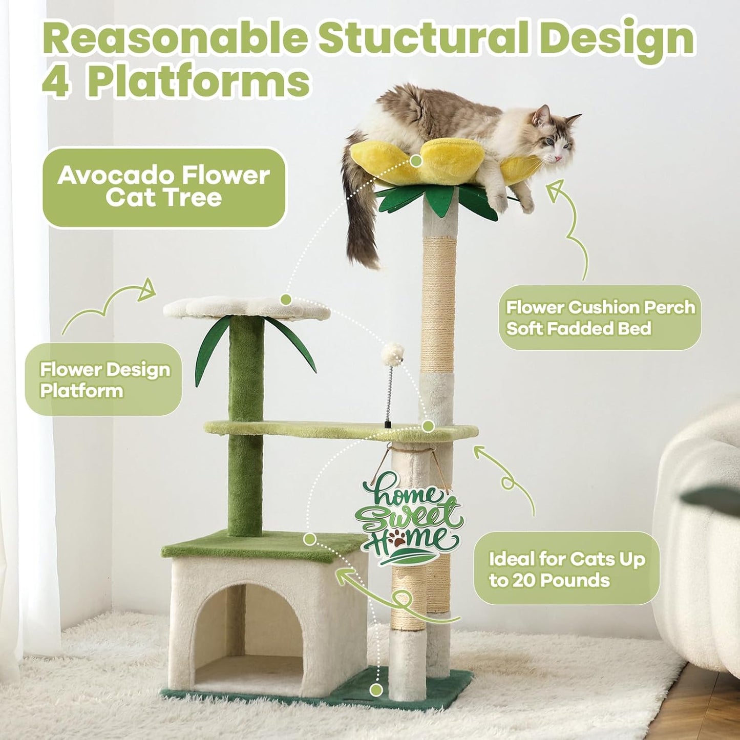 64.5-Inch Cute Avocado Flower Large Tall Garden Cat Tree Tower Condo House Furniture Bed Plush Ball Activity Platform Multi-Level with Scratching Posts for Indoor Cats Play