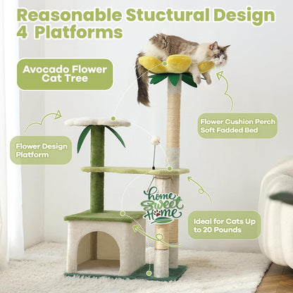 64.5-Inch Cute Avocado Flower Large Tall Garden Cat Tree Tower Condo House Furniture Bed Plush Ball Activity Platform Multi-Level with Scratching Posts for Indoor Cats Play