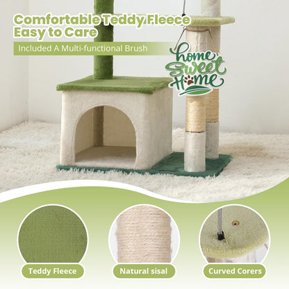 64.5-Inch Cute Avocado Flower Large Tall Garden Cat Tree Tower Condo House Furniture Bed Plush Ball Activity Platform Multi-Level with Scratching Posts for Indoor Cats Play