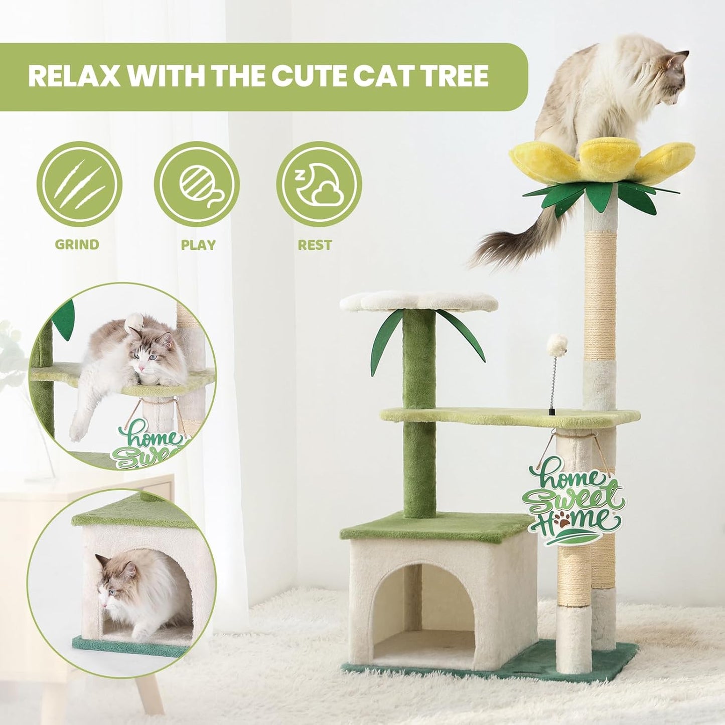 64.5-Inch Cute Avocado Flower Large Tall Garden Cat Tree Tower Condo House Furniture Bed Plush Ball Activity Platform Multi-Level with Scratching Posts for Indoor Cats Play
